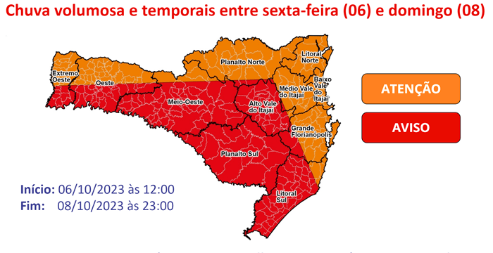 Defesa Civil de SC alerta para chuva volumosa e temporais entre esta sexta-feira (06) e domingo (08).